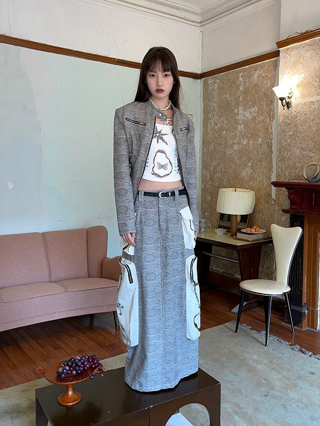 Jacquard Zipper Short Jacket & Low Waist Long Skirt