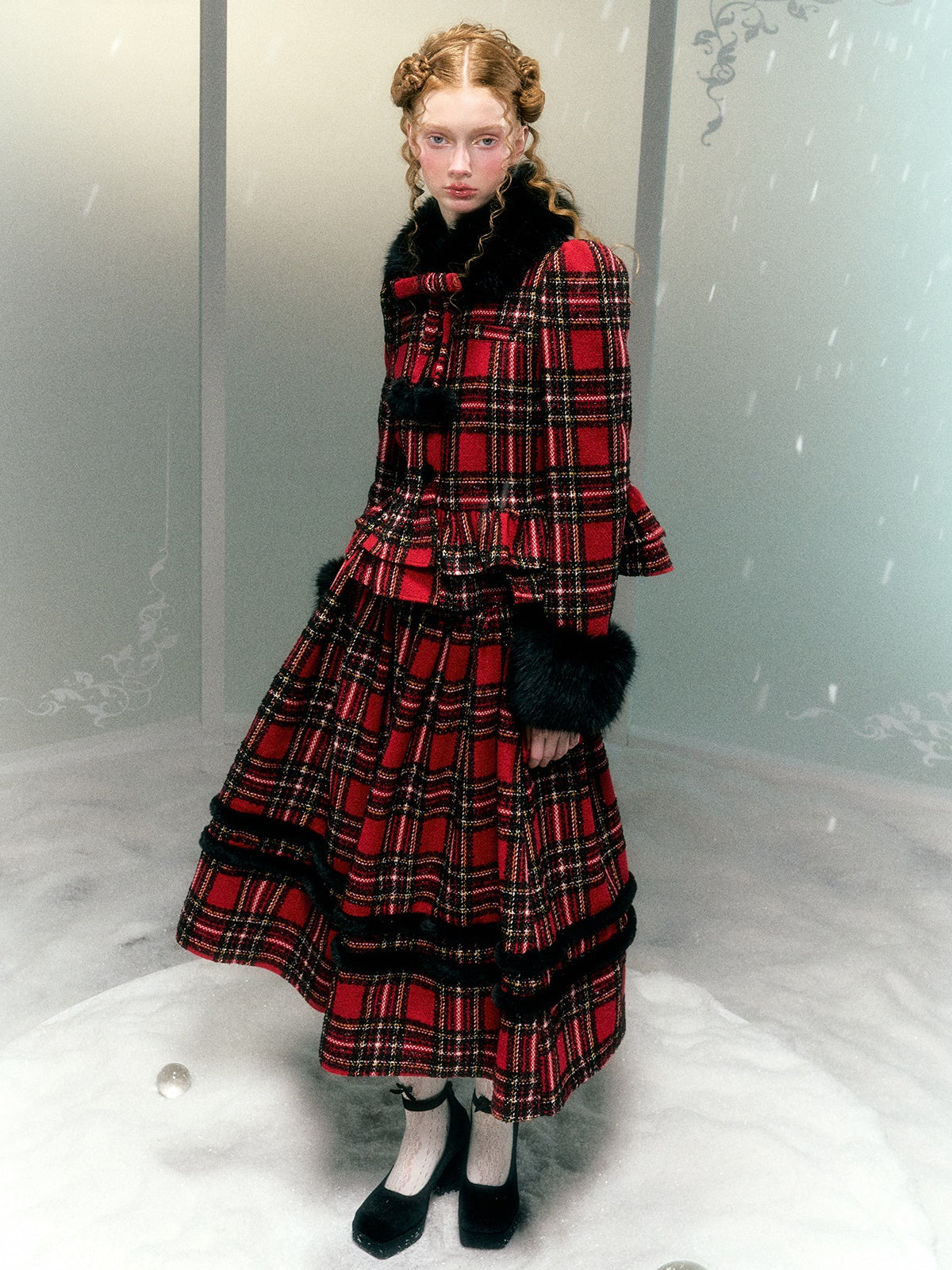 Plaid Detachable Fur Collar Fur Ball Short Coat & Mid-Length Skirt