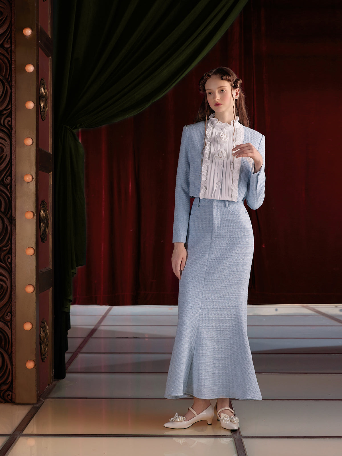 Pleated Ruffled Switching Tweed Touch Jacket & Mermaid Skirt