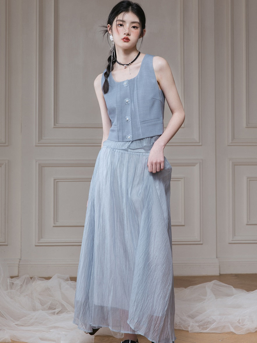 Frill Stitch U-neck Vest & Gauze Long Skirt Set-up