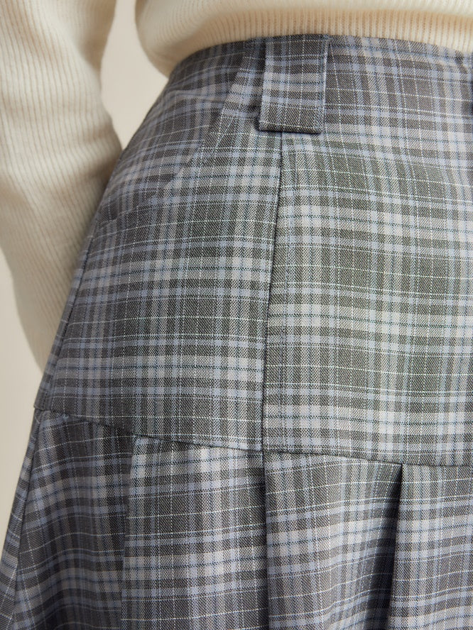 체크 무늬 튤립 자수 주름 치마