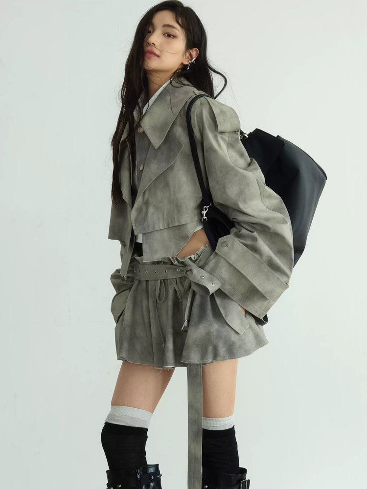 Tie-Dye Cut-Off Balloon-Sleeve Nichi Belt Jacket&Mini-Skirt