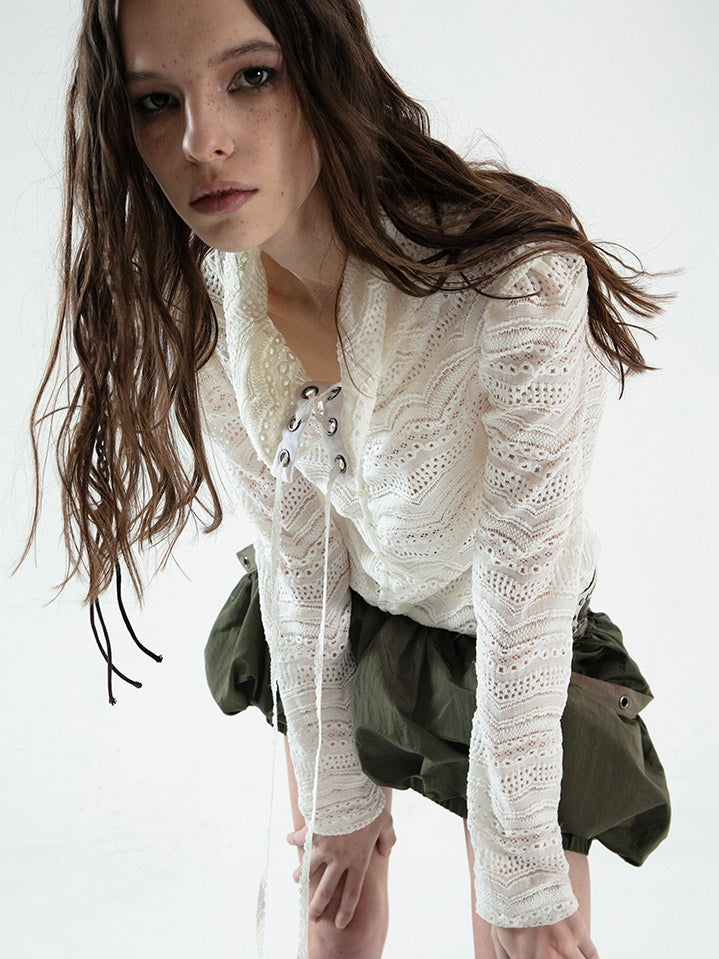 Strap Slim Jacquard Lace Hollow Top