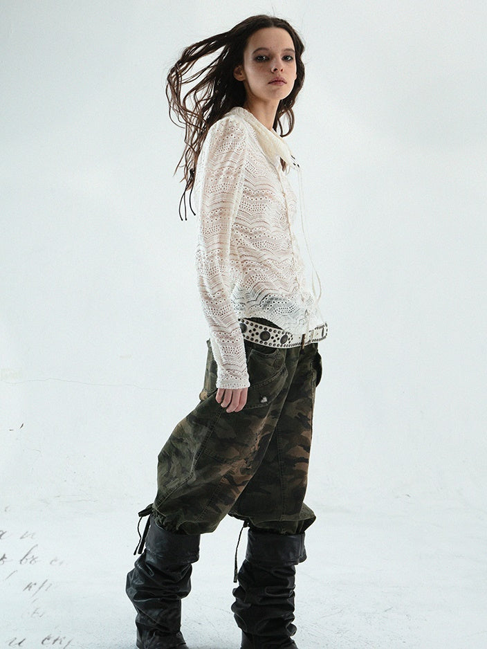 Strap Slim Jacquard Lace Hollow Top