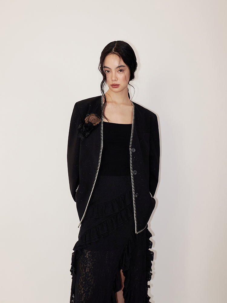 Embroidery Loose V-neck Short Jacket