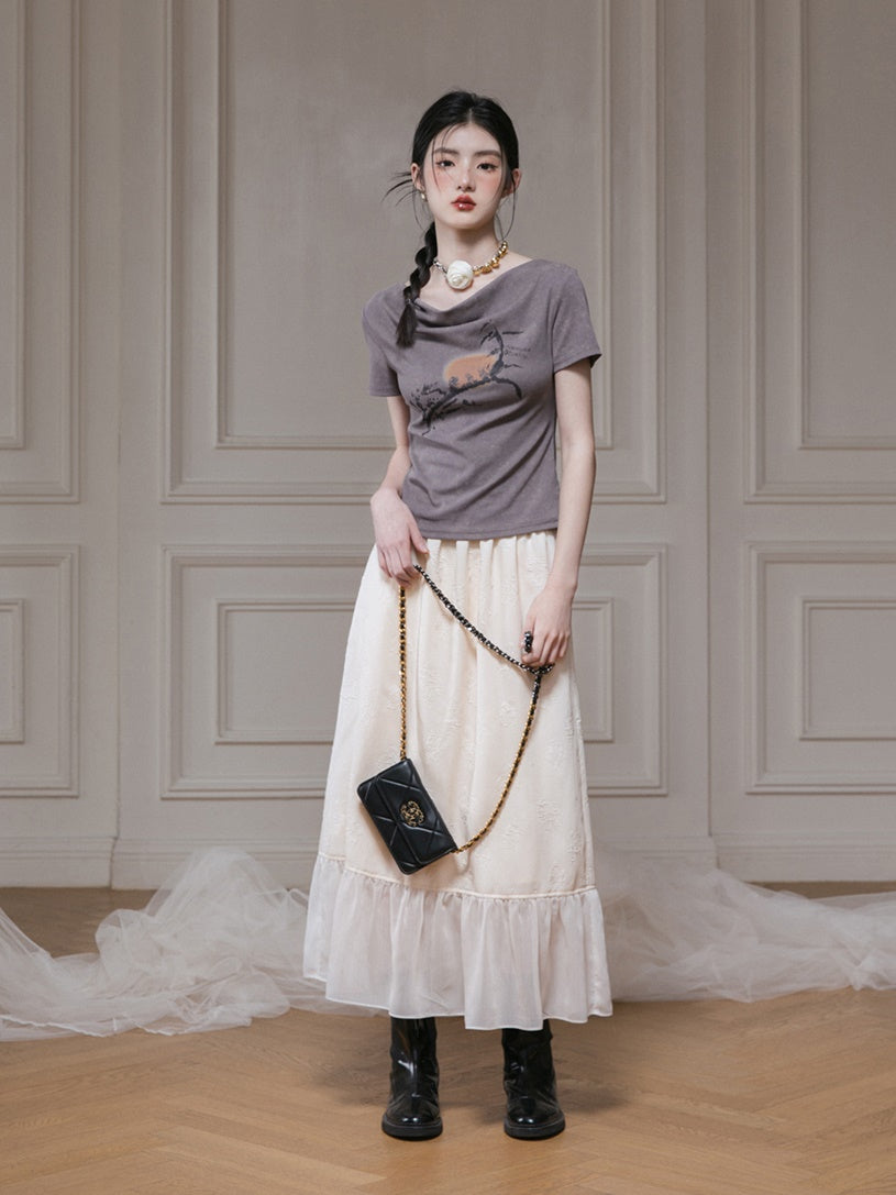 Jacquard Gauze Switching Camisole Top & Ruffle Skirt Set-up