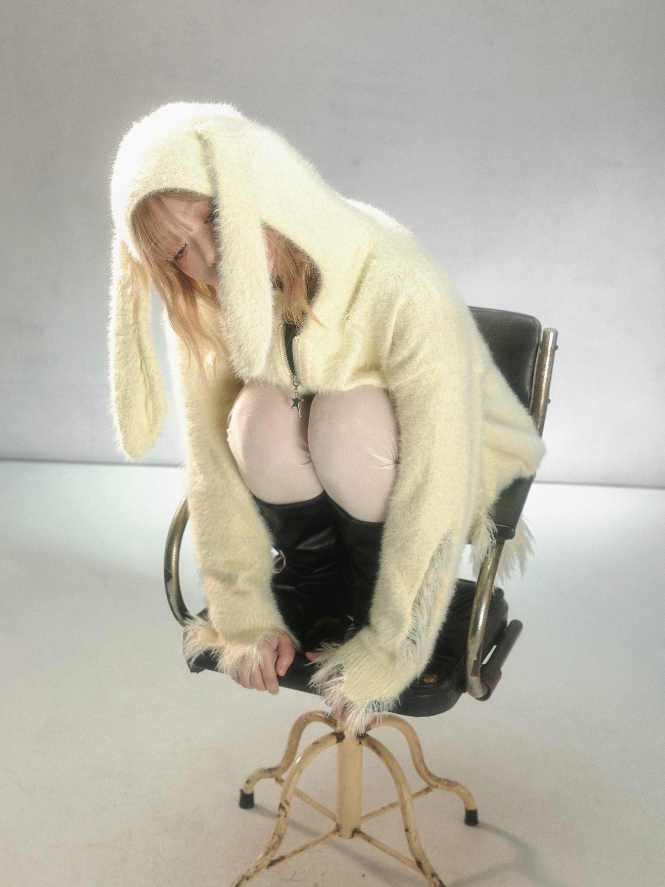 Bunny Ears Ripped Hooded Knitted Cardigan