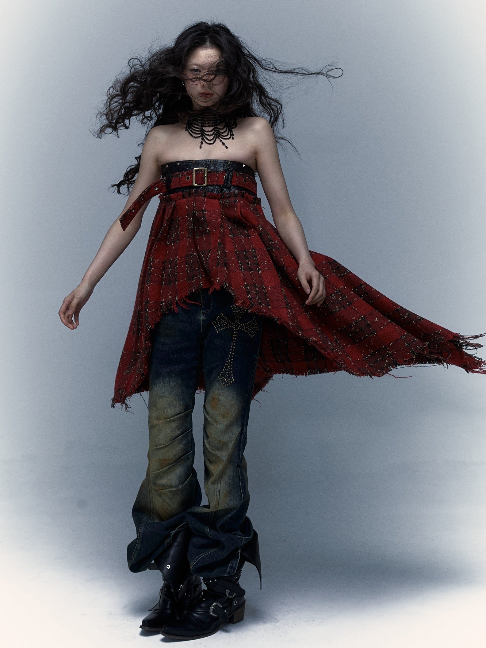 Punk Plaid Stitching Irregular Skirt