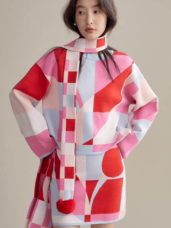Mosaic Plaid Tulip Stole& Handbag & Knitted Sweater & Skirt