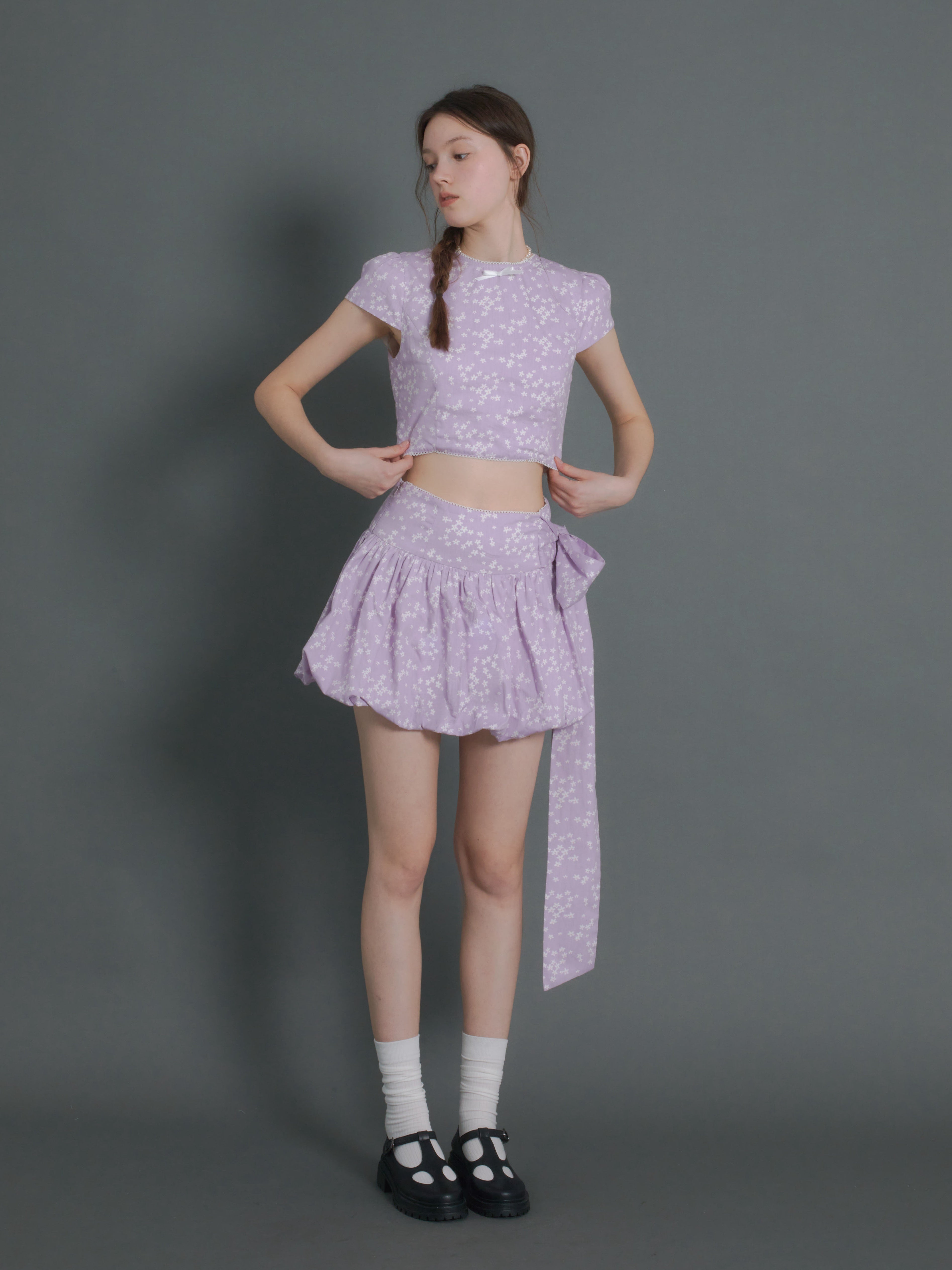 Floral Short Sleeve Cropped Top & Ribbon Bud Skirt