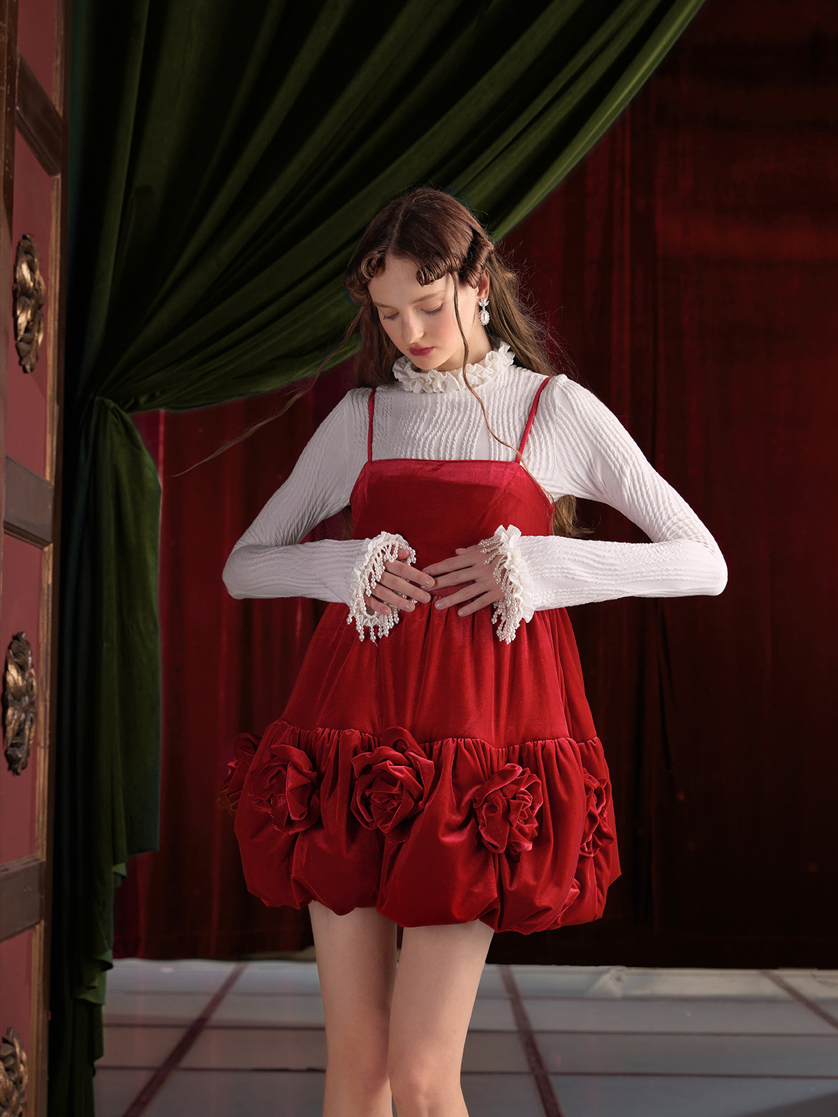 Three-dimensional Flower Suspender Flower Bud Dress & Frill Collar Cutsew