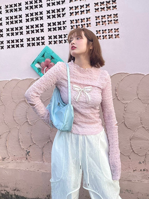 Long-sleeved Wrinkled Hollow Bowknot Bottoming Shirt