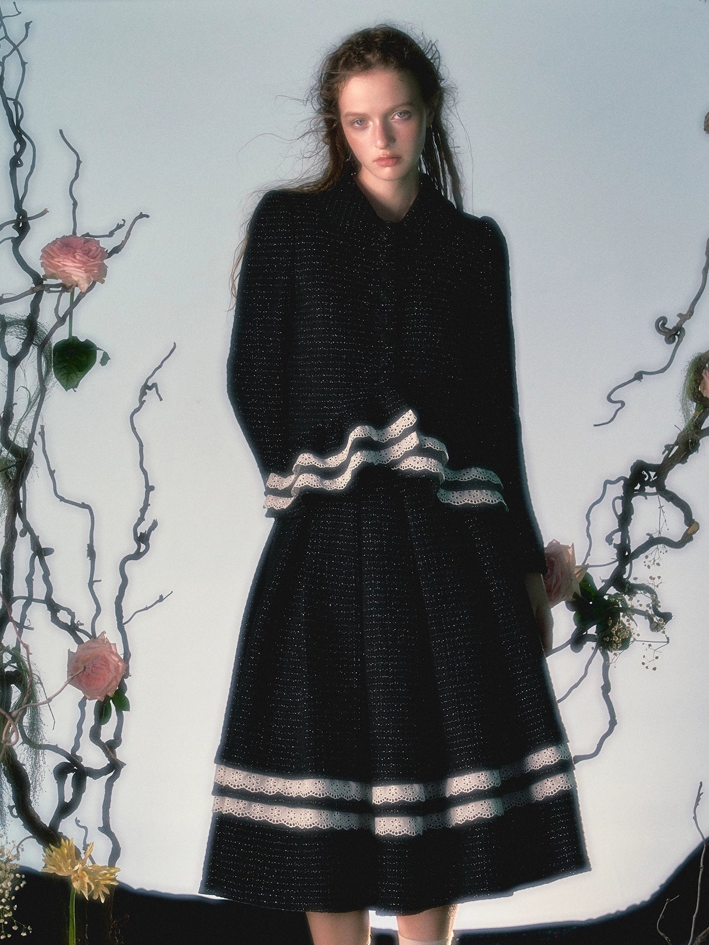 Irregular Lace Hem Jacket & Flare Pleated Skirt