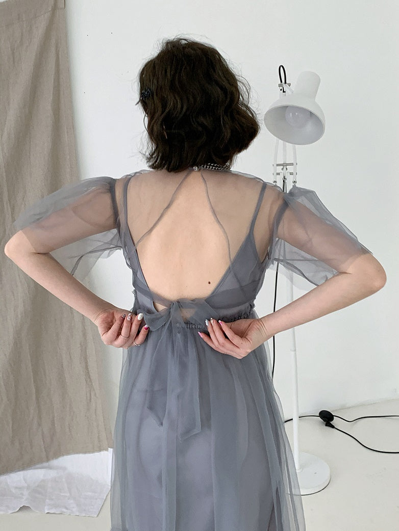 Mesh backless Strap Dress & Fairy Sling Skirt Set-UP
