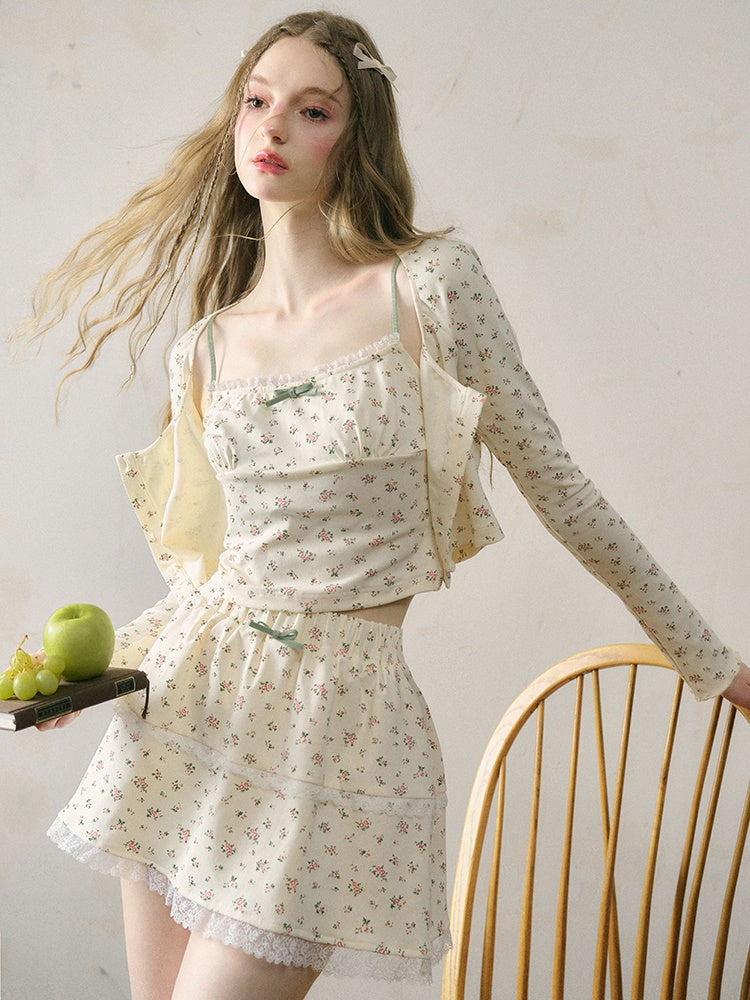 French Floral Girly Camisole & Cropped Cardigan & Skirt
