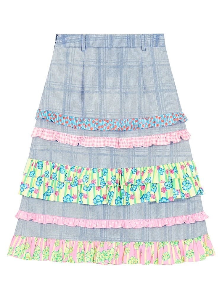 Rüschstich-Plaid-Denim A-Line-High-T-Rock