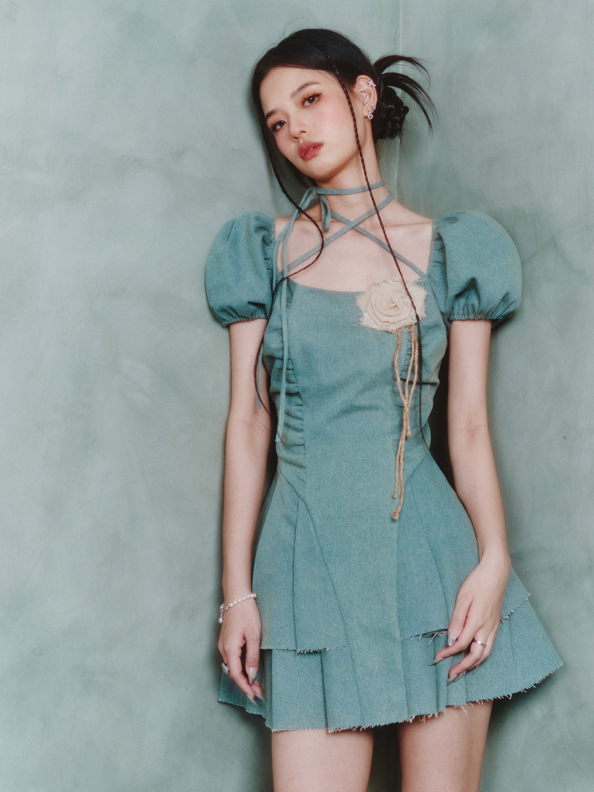 Lace-up Pleated Puff Sleeve Denim Dress