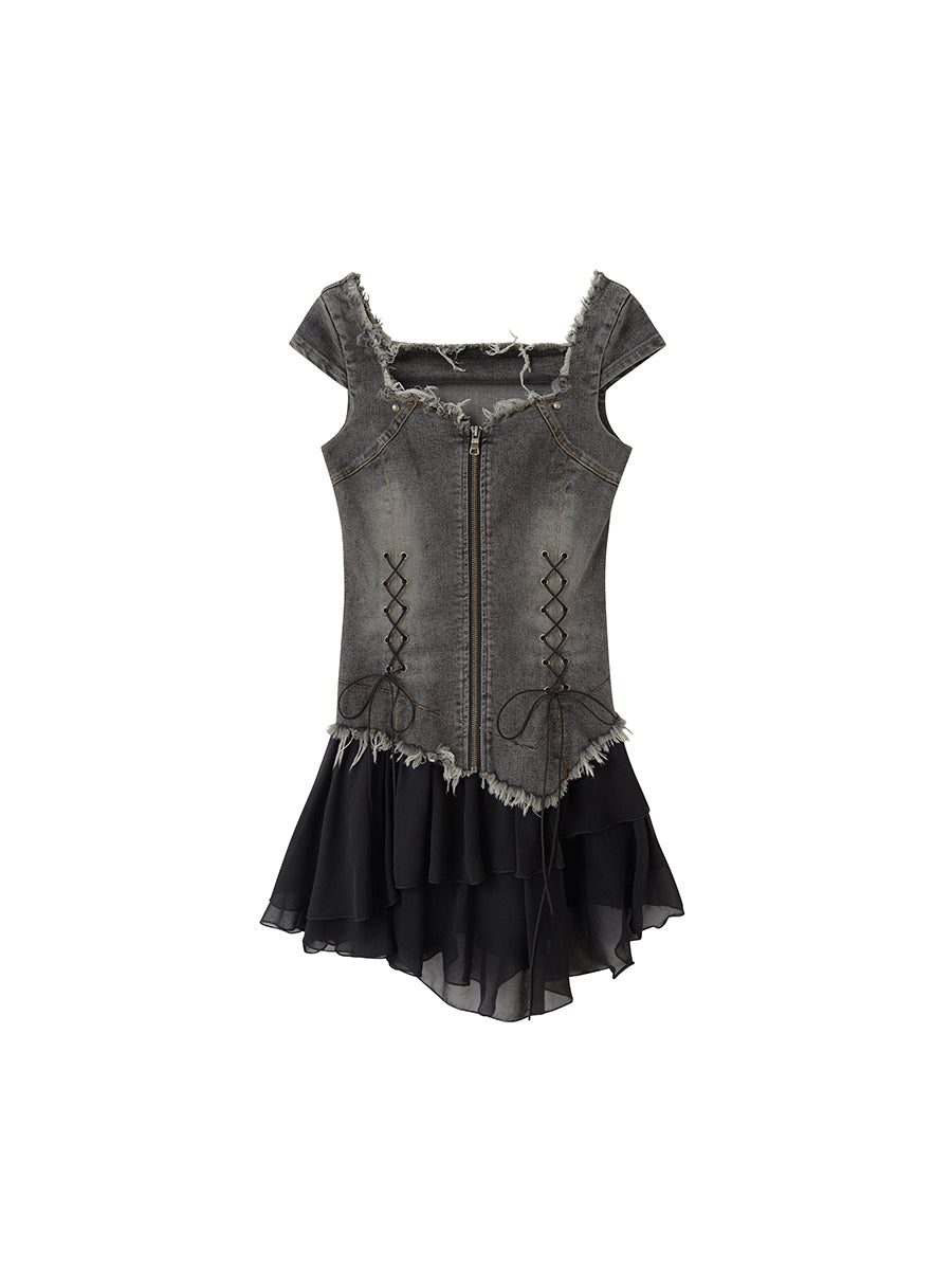 데님 스 플라이 싱 플라잉 슬리브 짧은 일체형