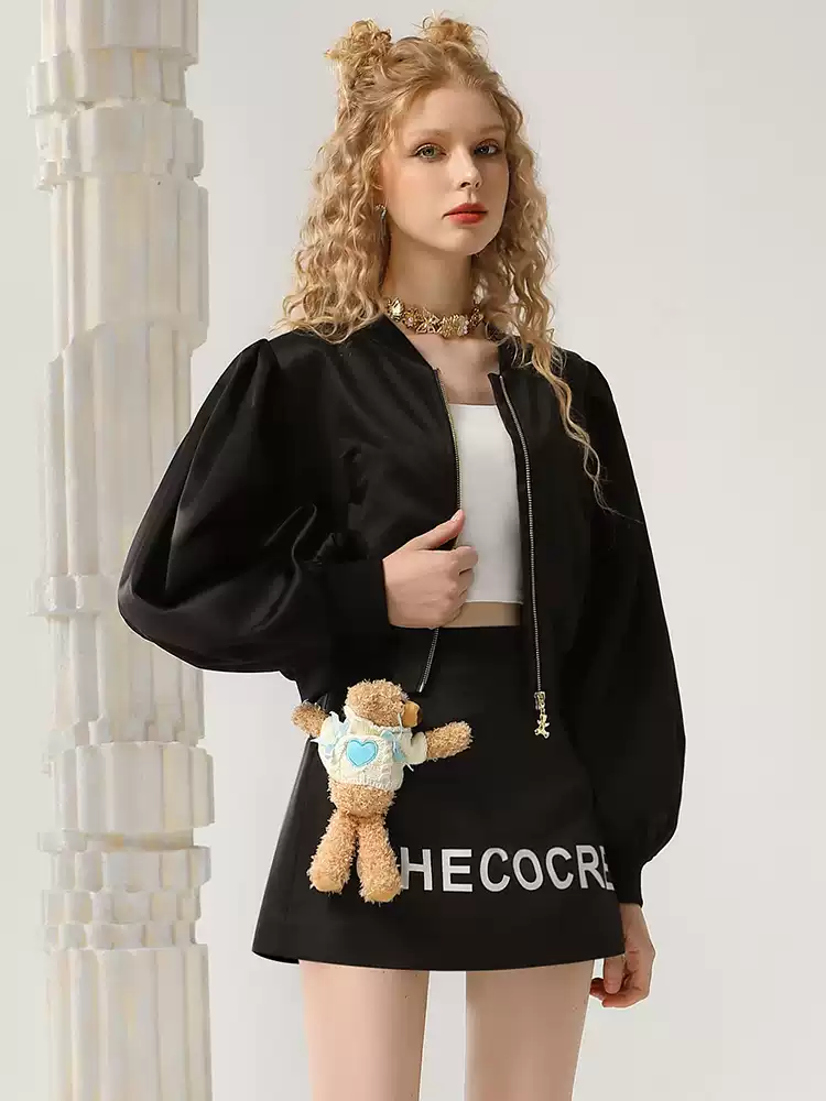 Parka&Mini-Skirt Casual Letter Balloon-Sleeve Set-Up
