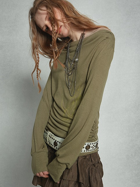 스윙 칼라 프린트 개더 티셔츠