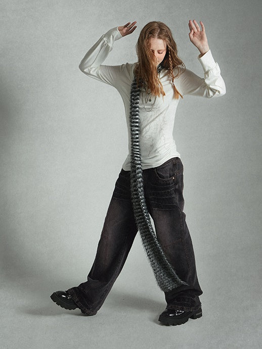 스윙 칼라 프린트 개더 티셔츠