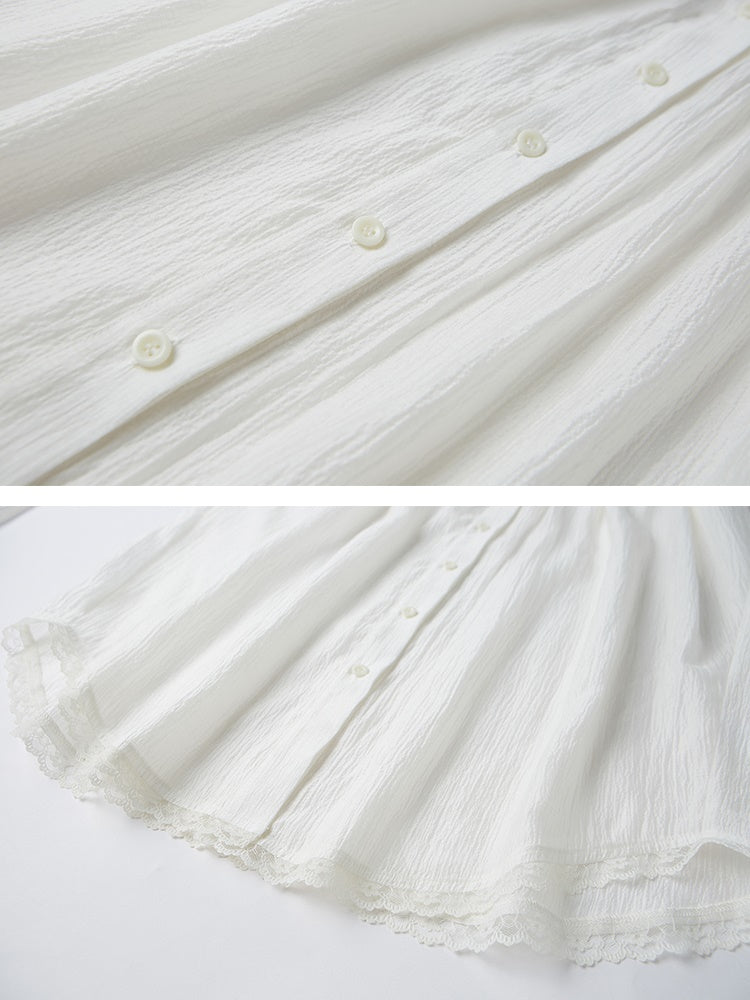 Gather V-Neck Lace Stitching Sheer Shirt