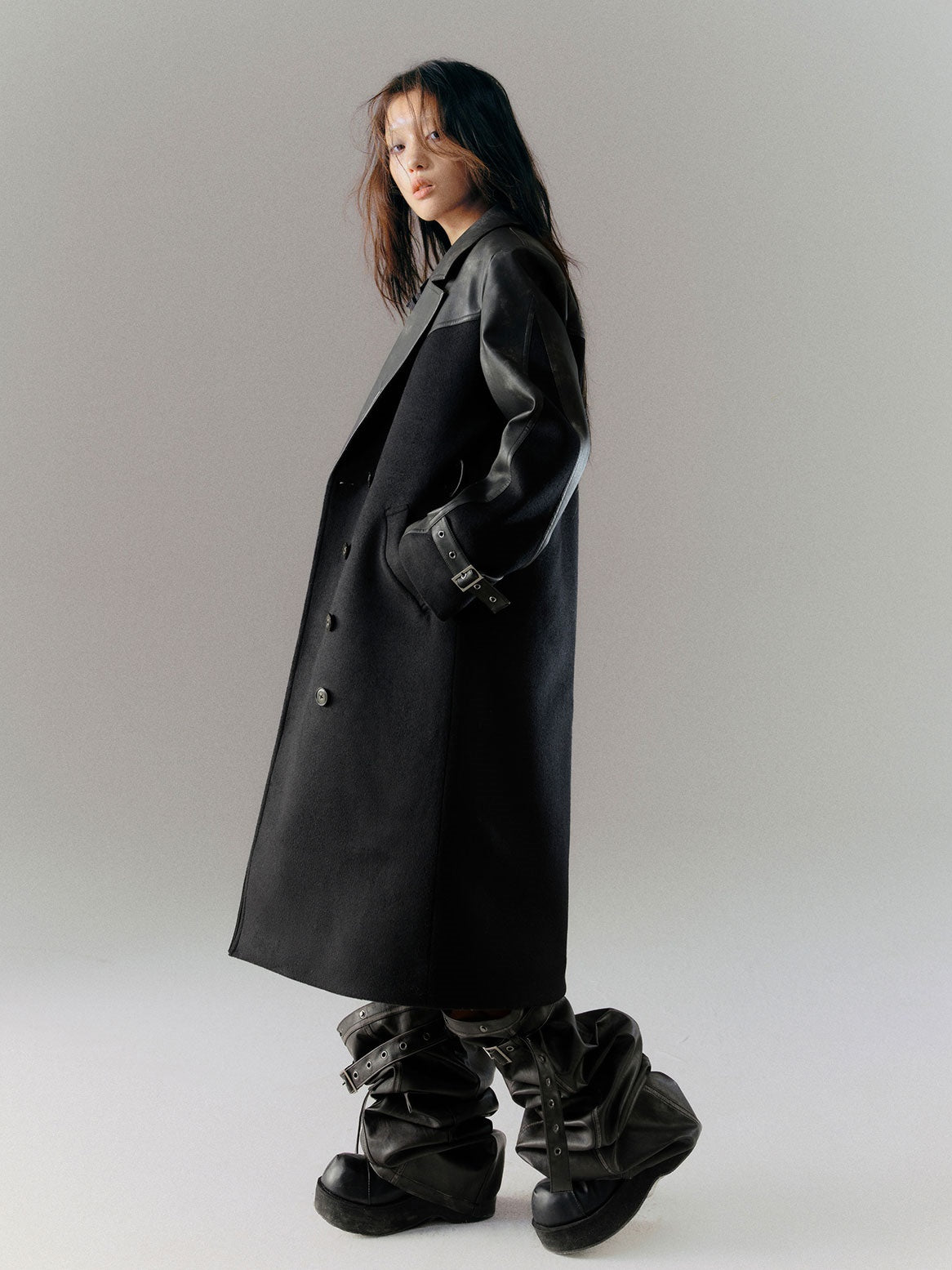 Tie-dye Leather Switching Belted Coat