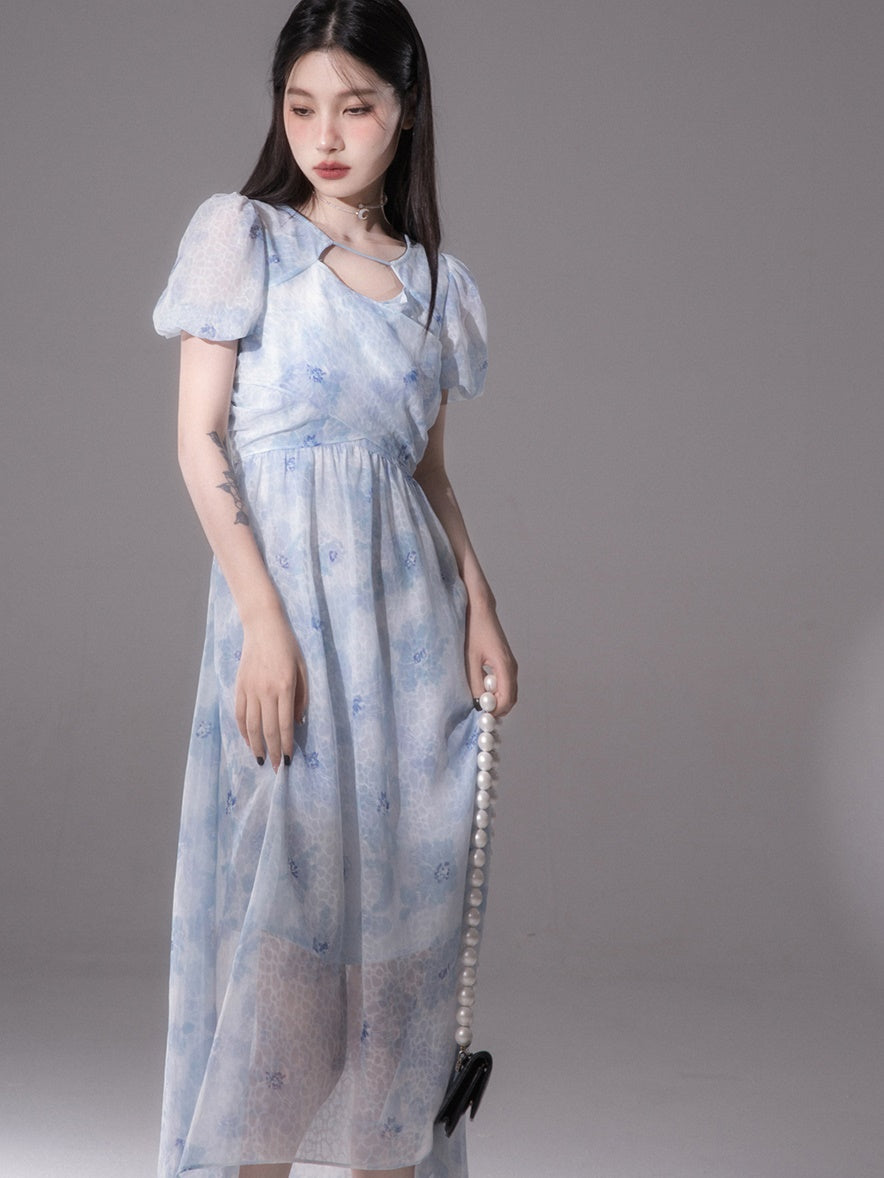 Fuzzy Printed Cross Chiffon One-piece