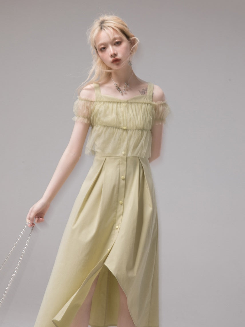 Mesh Sheer Top & Irregular Hem Sundress One-piece Set-up