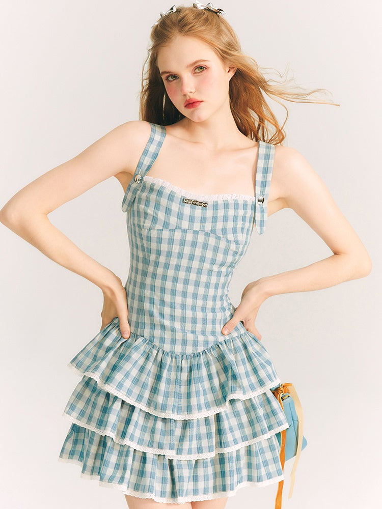 Plaid Strap Puff Skirt Dress