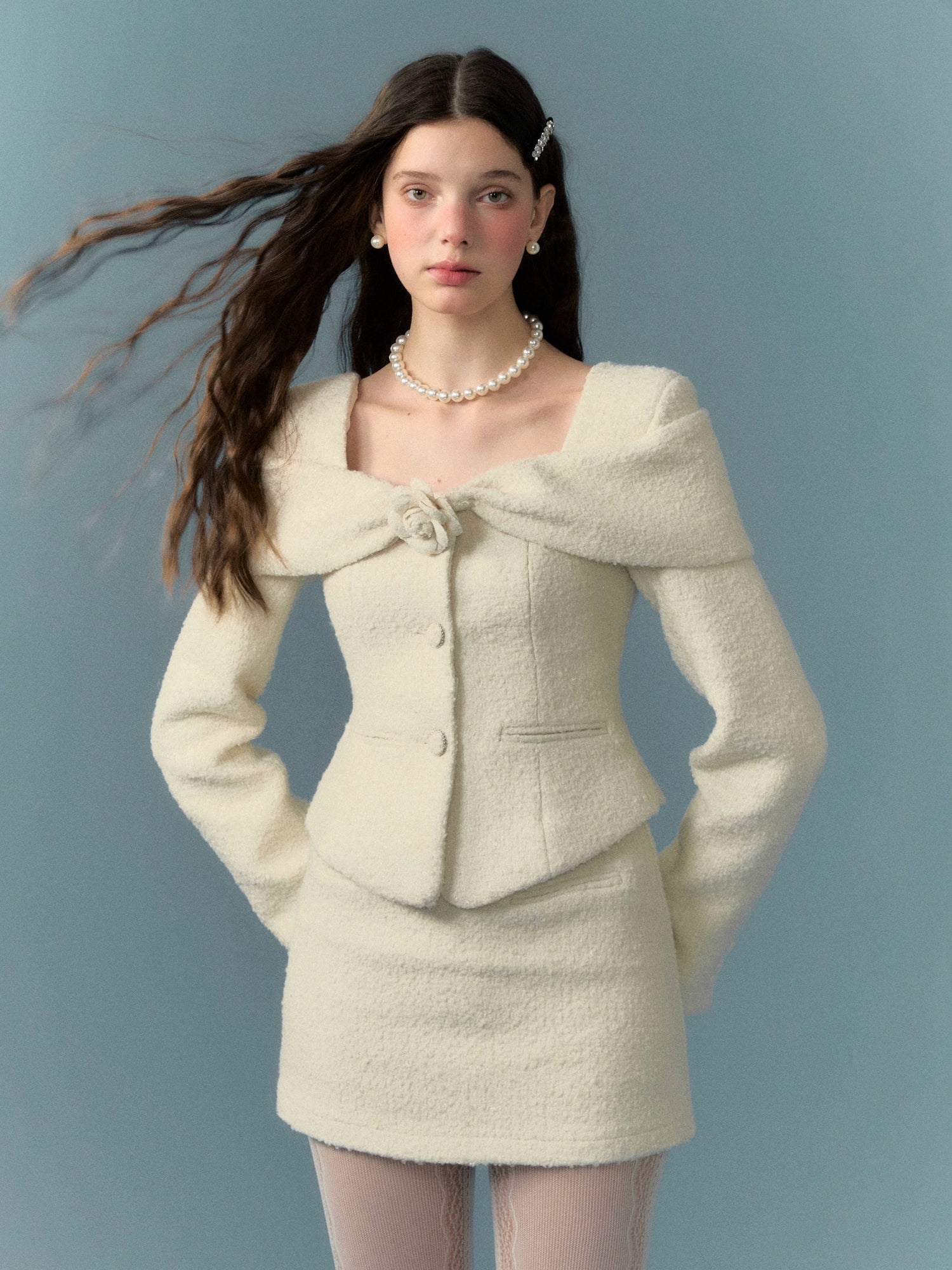 Woven Shag Retro Tweed Jacket & Short & Long Skirt