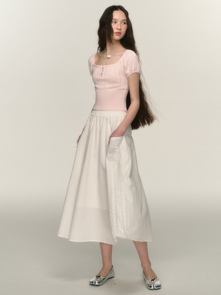 Square Neck Puff Sleeve Knitted T-shirt