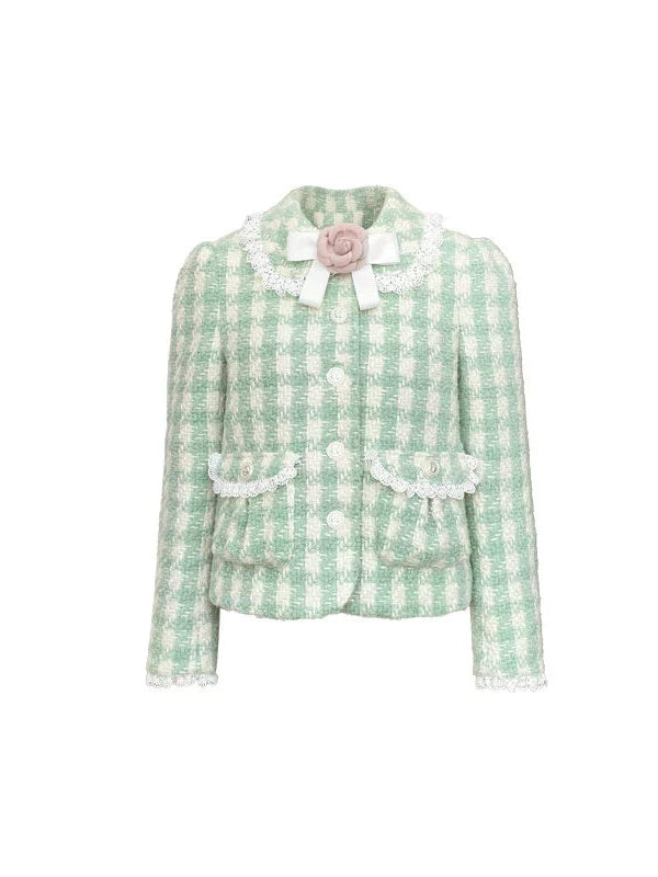 Plaid Bow Flower Brooch Lace Padded Short Jacket & Skirt
