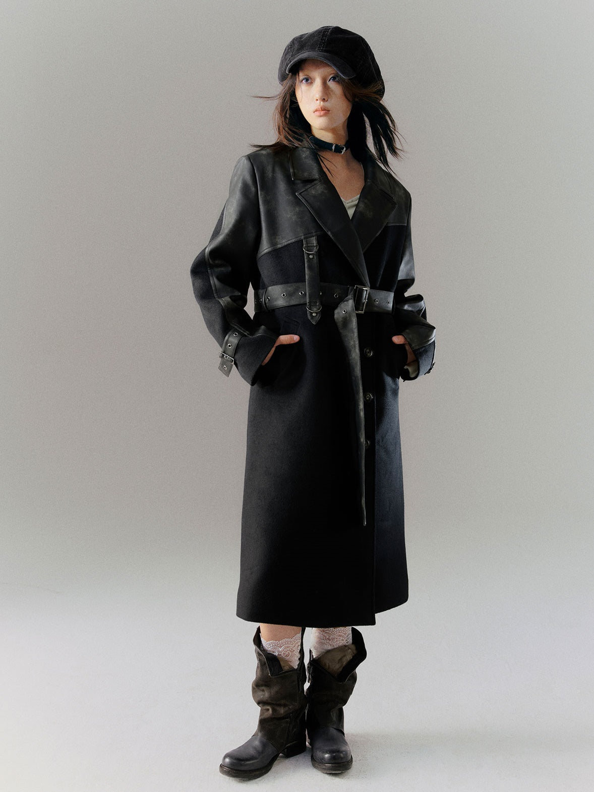 Tie-dye Leather Switching Belted Coat
