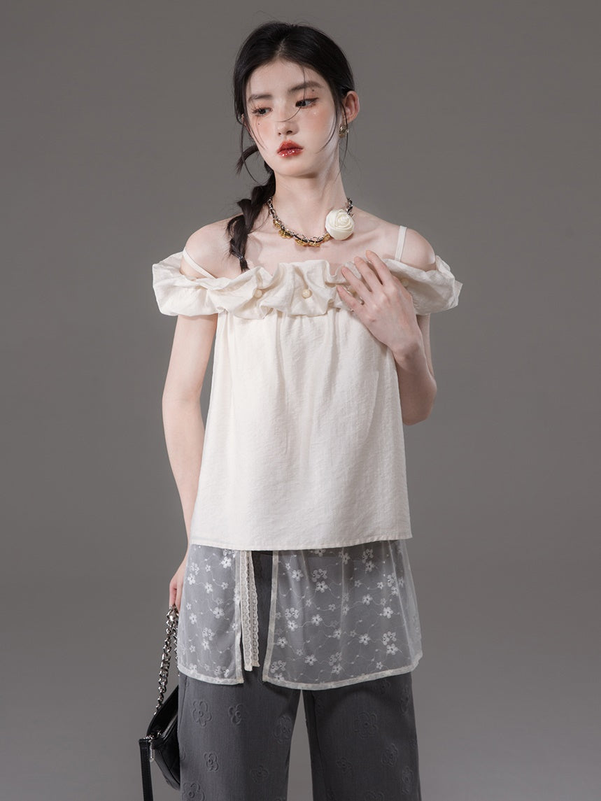 Flower Bud Off-shoulder Shirt & Lace Apron Set-up