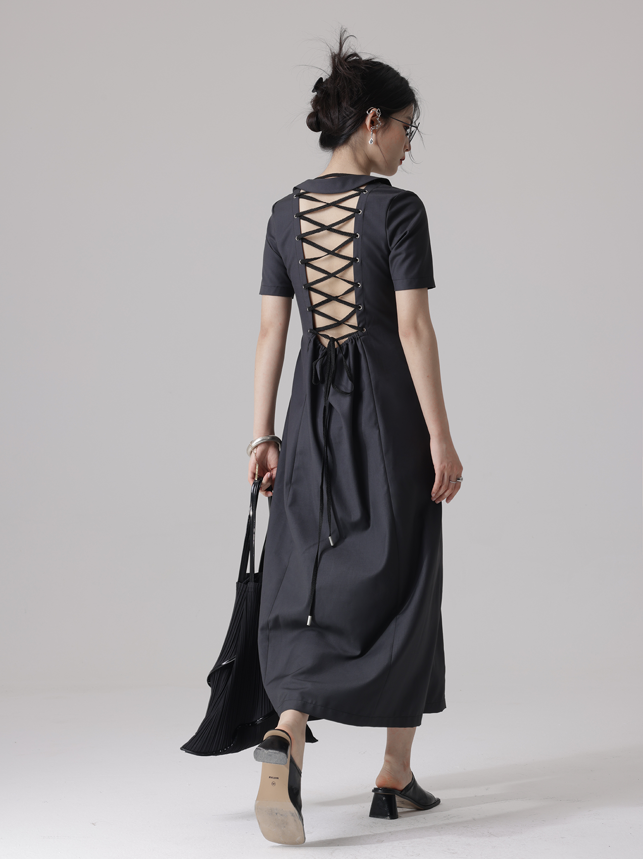 Futuristic Backless Lace-up Asymmetry Collar Dress