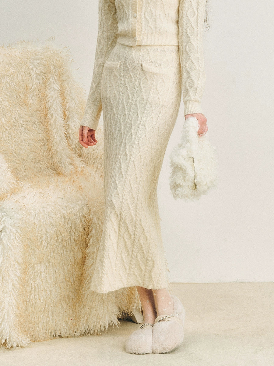 Fur Collar Twist Knitted Cardigan & Long Skirt