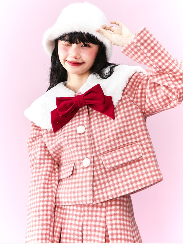 Retro Gingham Plaid Big Collar Jacket & Pleated Skirt