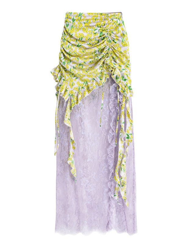 Floral Lace Suspender Top & Drawstring Splicing Skirt