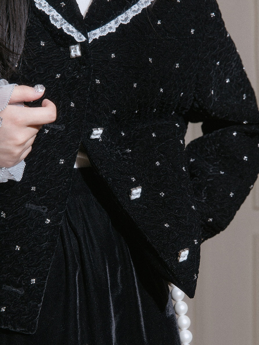 Velvet Bead-flower Short Jacket & Lace Stitch Cake Skirt