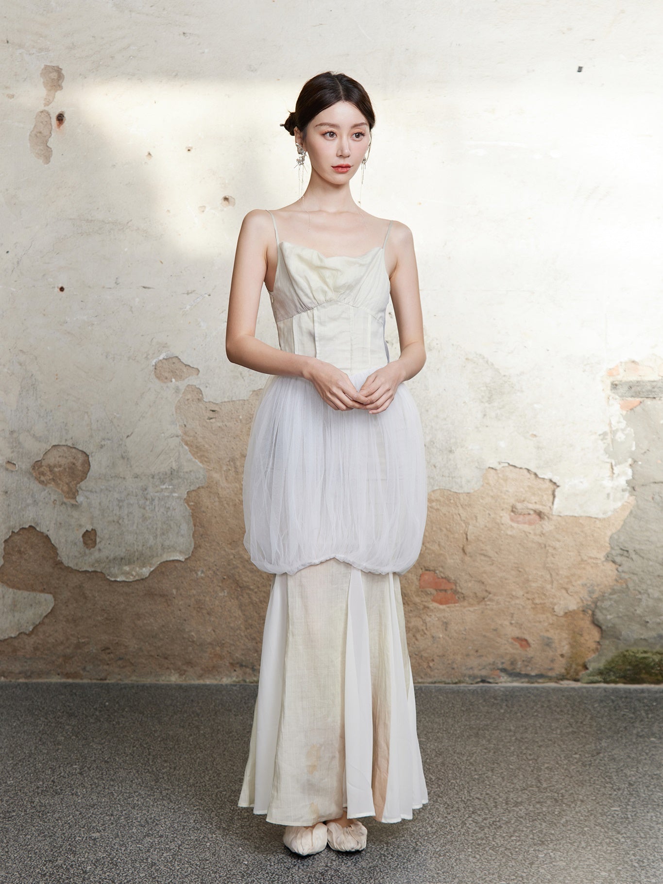 메쉬 꽃 새싹 미끄러짐 긴 드레스