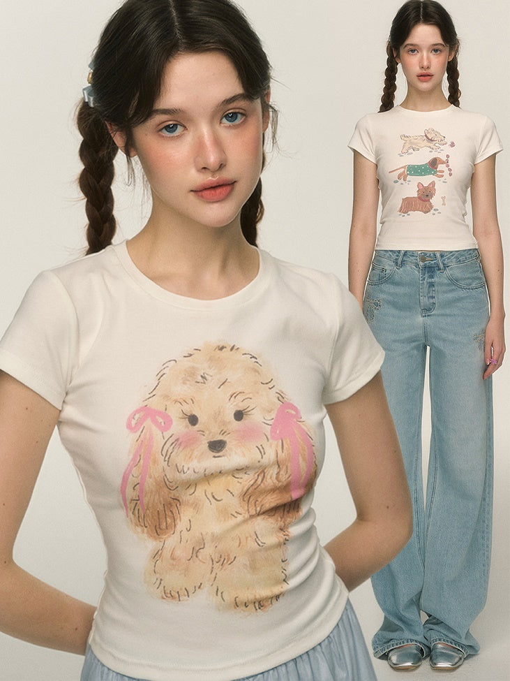 Cute Puppy Printed Short-sleeved T-shirt