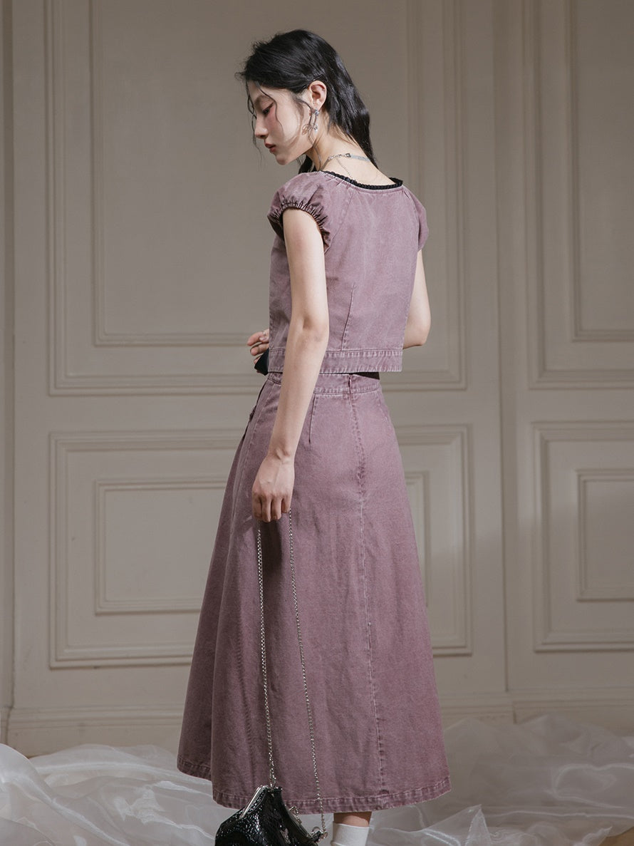 Washed Denim Lace-Up Top & A-Line Skirt Set-up