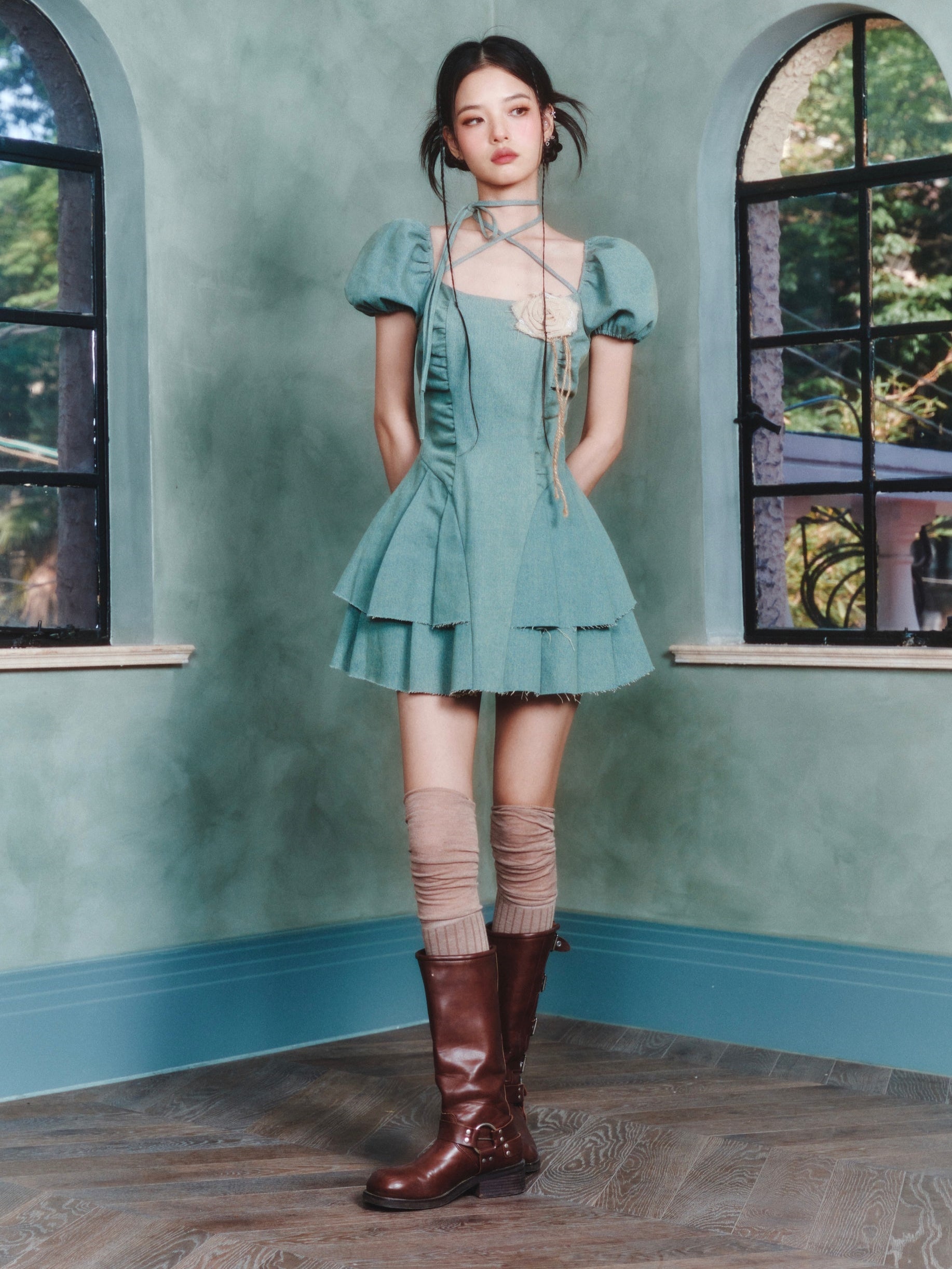 Lace-up Pleated Puff Sleeve Denim Dress