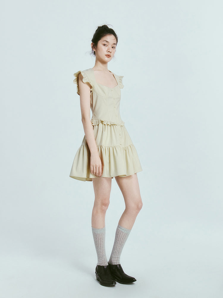 Square Neck Flying Sleeve Gather One-piece