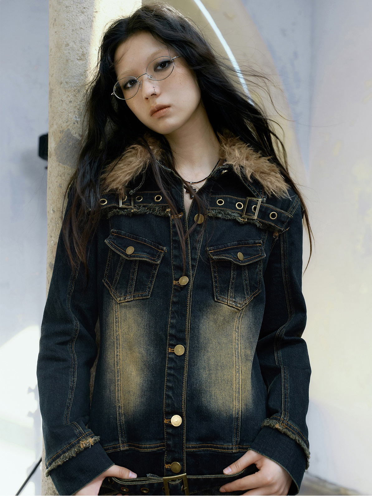 Fur Collar Washed And Distressed Slim Denim Dress