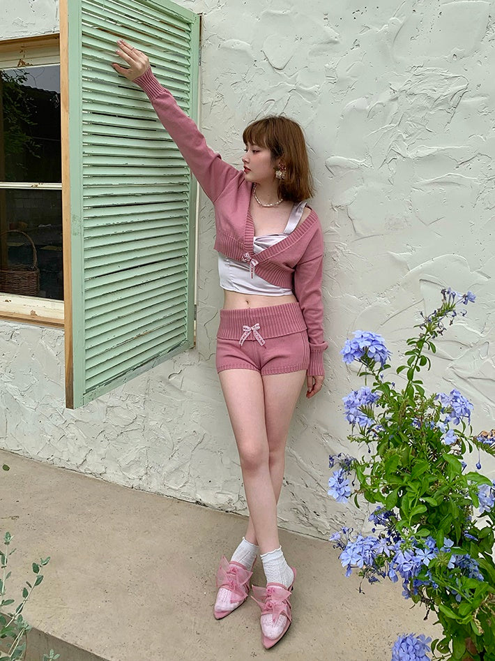 Knitted Cropped V-neck Cardigan & Short Pants