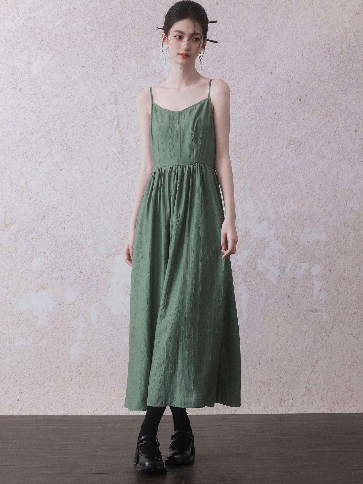 Chinese Style Bamboo Leaf Print Long Shirt & Camisole One-piece Set-up