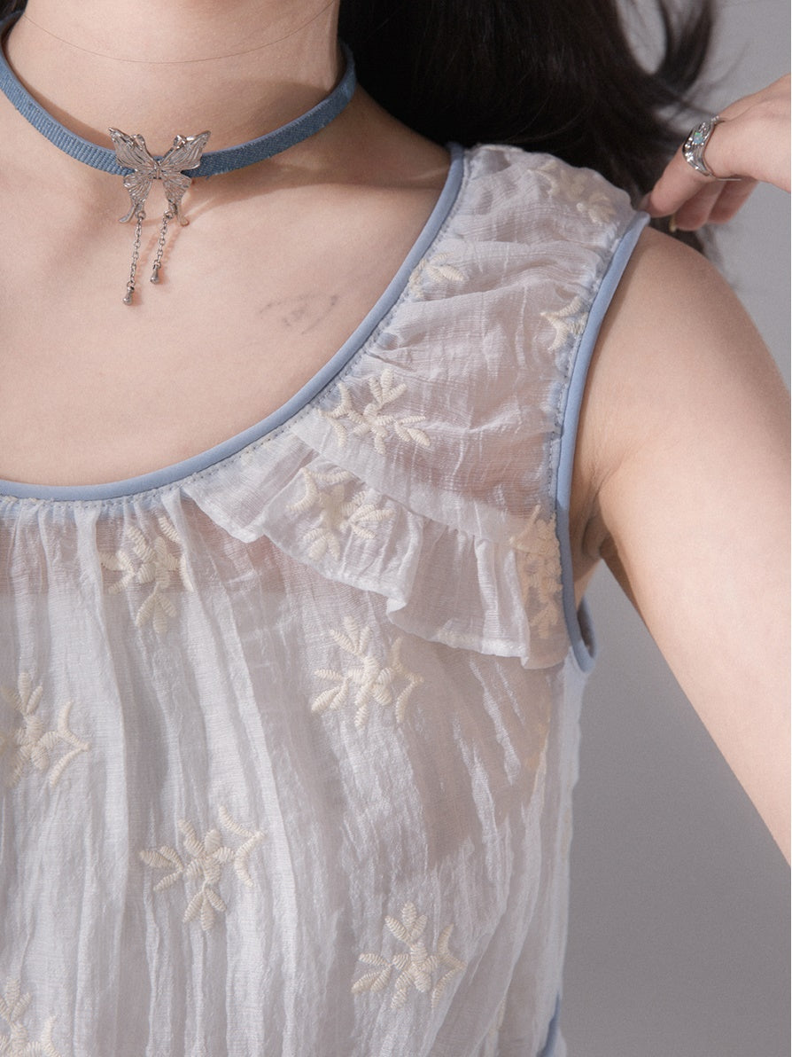 Embroidered Sleeveless Tulle Top & Tube Top