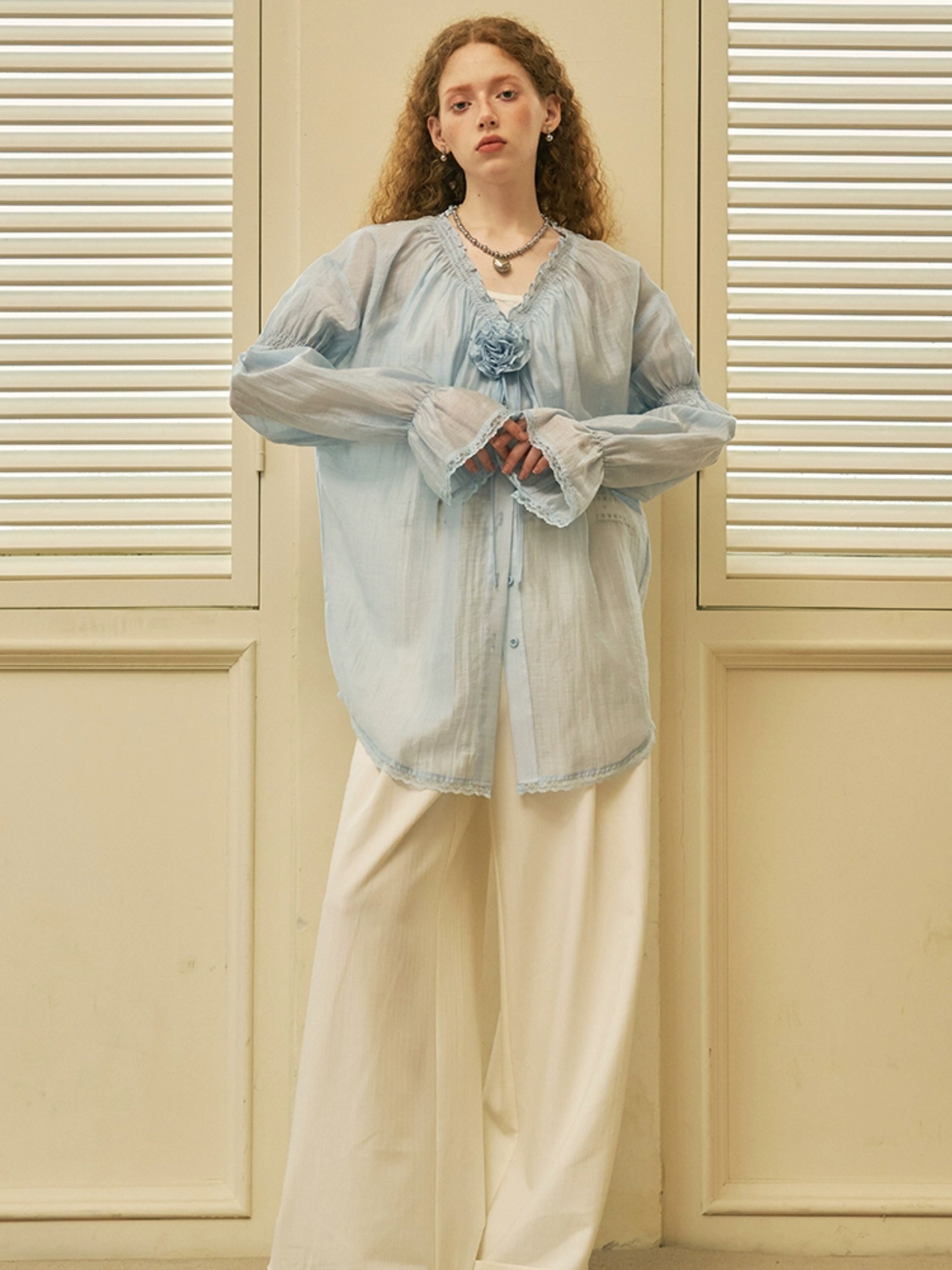 Gather V-Neck Lace Stitching Sheer Shirt